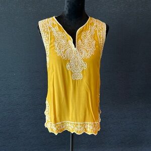 Solitaire Mustard Sleeveless Blouse with White Embroidery